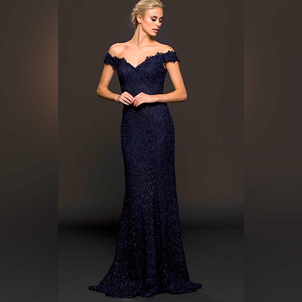 Marsoni by Colors  NWT
Blue Off-Shoulder Cap Sleeve Formal Gown